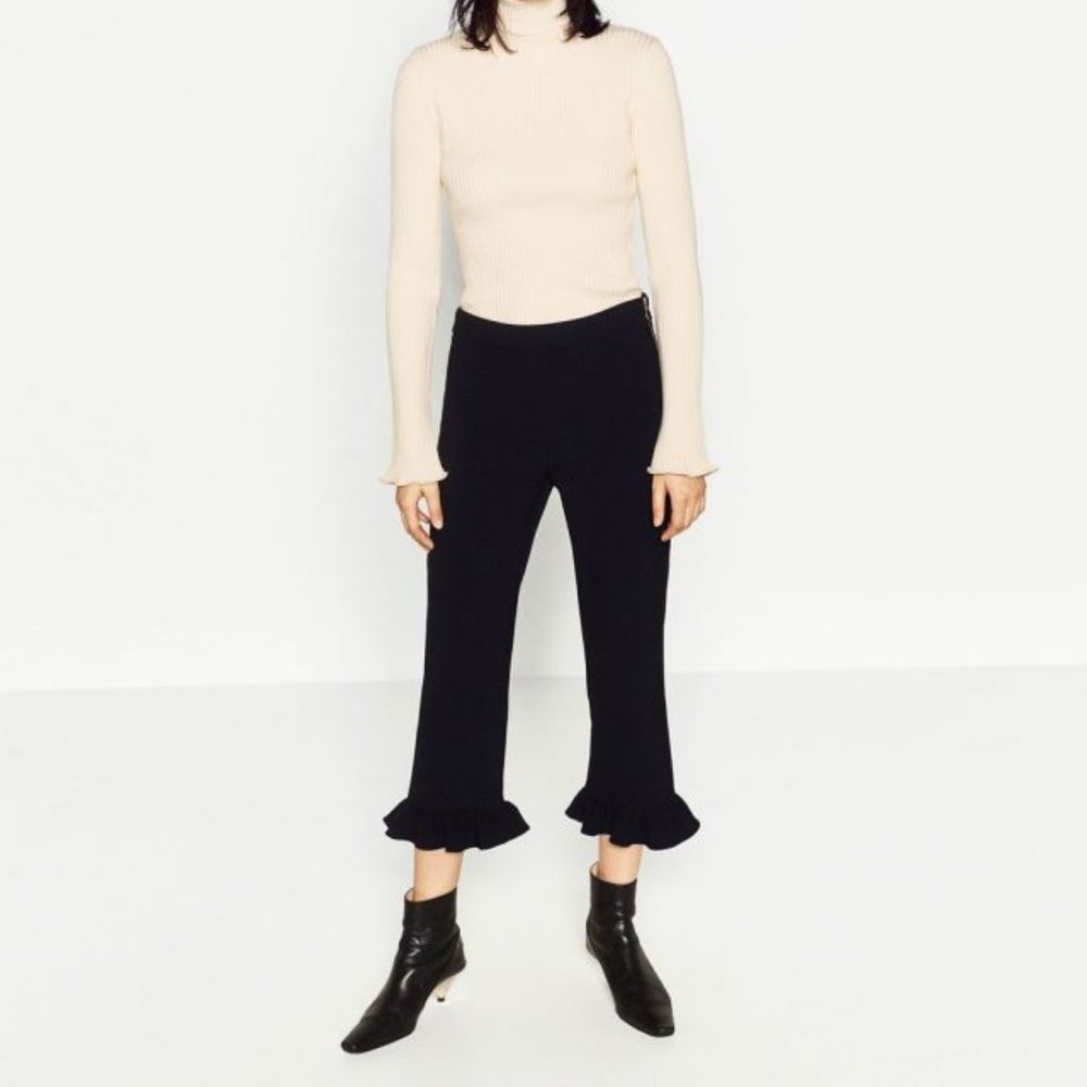 INTERMIX Flat Front Ruffle Hem Cigarette Trousers